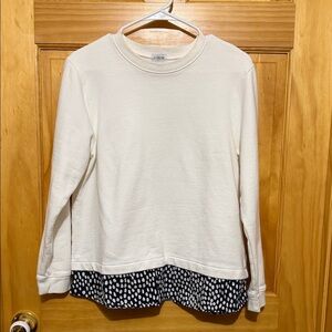 J. Crew Women’s Cream Sweatshirt with Black & White Polka Dot Hem, Size Large.